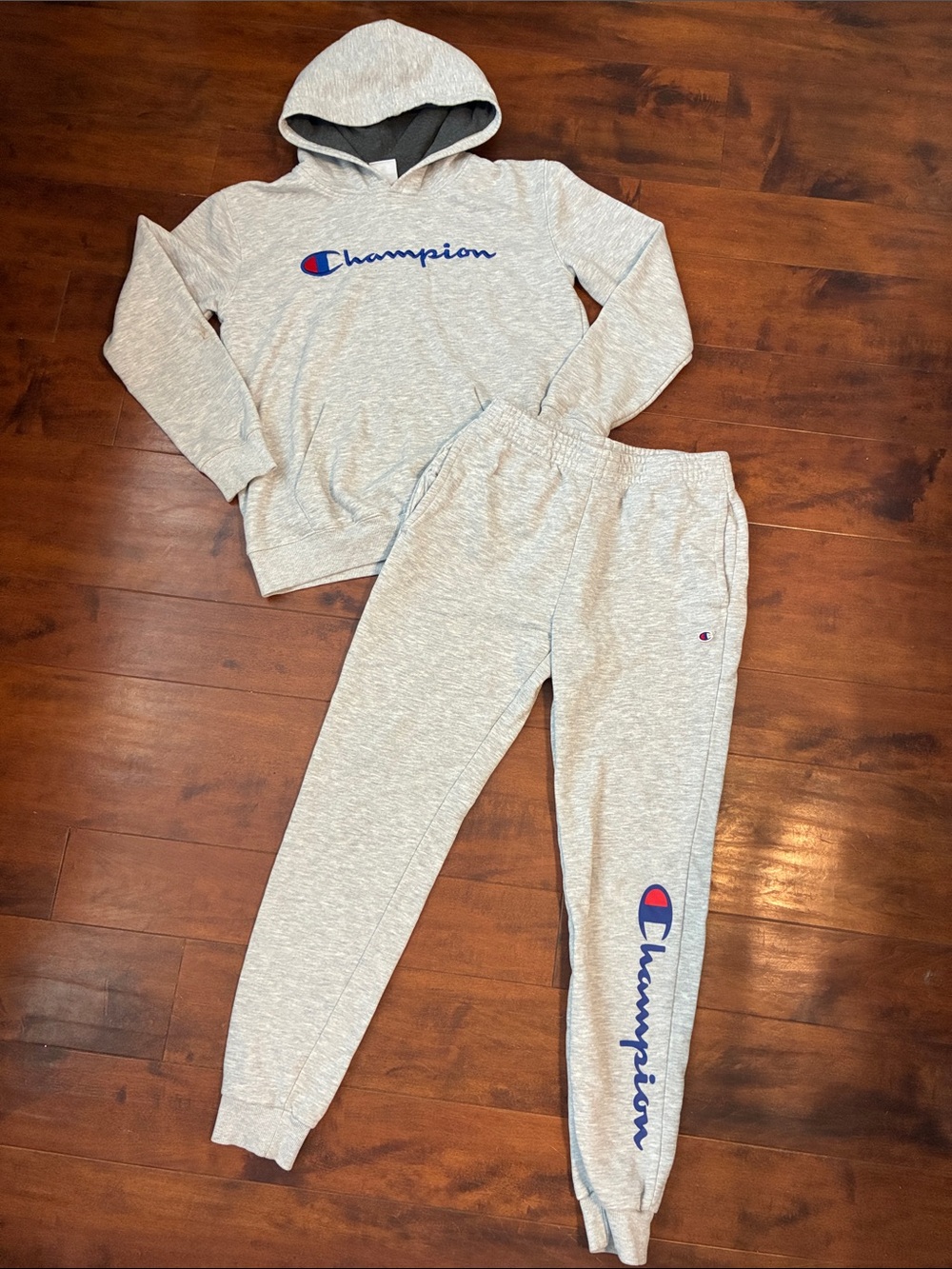 Boys light heather gray Champion hoodie and jogger pants set